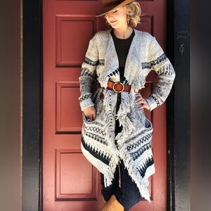 CAbi Shetland Fringe Cardigan sweater soutwest aztec print XS